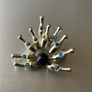 Bowling Ball & Pin Silver Brooch Pin w/ Blue Stones Stamped